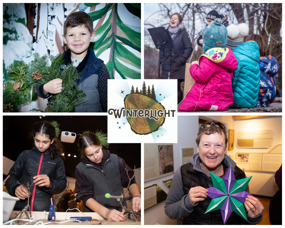 Photo collage of a child with a wreath, children listening to live music, children making a craft with sticks and glue gun, and a woman holding a paper craft